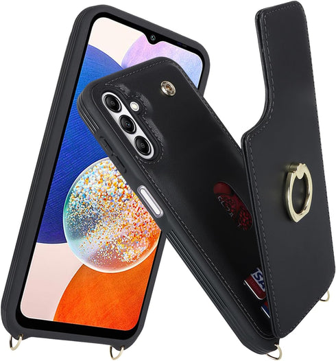 for Samsung Galaxy A13 5G Case with Card Holder and Strap for Women,Crossbody Lanyard,Ring Stand,Snap Clasp,Phone Wallet Cases 6.5 inch(Black)
