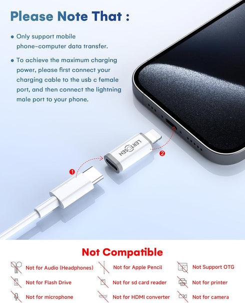 USB C Female to Lightning Male Adapter (2 Pack), Fast Charging & Data Sync, for iPhone/iPad/iPod/AirPods, with