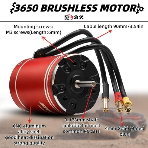 RCXAZ 3650 3.175mm 6600KV 1/10 TRX4 SCX10 (6600KV) Metal Brushless Motor Shaft Waterproof for RC High Speed Off-Road