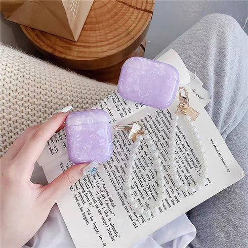 Olytop Cute Glitter Airpods 2nd/1st Generation Case with Cleaner Pen, Shell Pattern Cover with Pearl Keychain