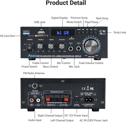 Stereo Receiver & Amplifier Home Audio Amp - AK45 Bluetooth Amplifier for Passive Speakers, 300Wx2, Bluetooth 5.0, 2
