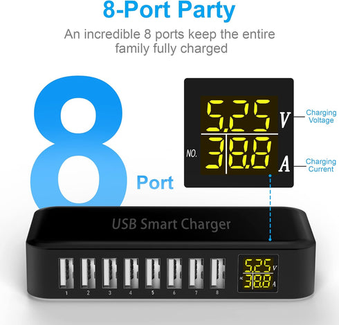 USB Charging Station Ziwodiv 8-Port 60W/12A USB Charger Hub, Compact Desktop Charger for iPhone, iPad, Samsung