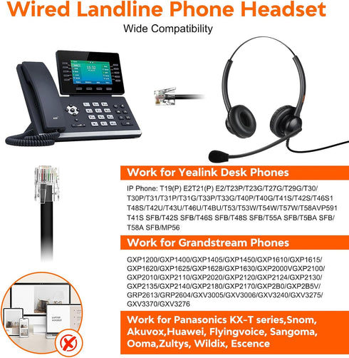Lightweight Wired RJ9 Telephone Headphone Call Center Headset, Compatible with Yealink & Grandstream Phones