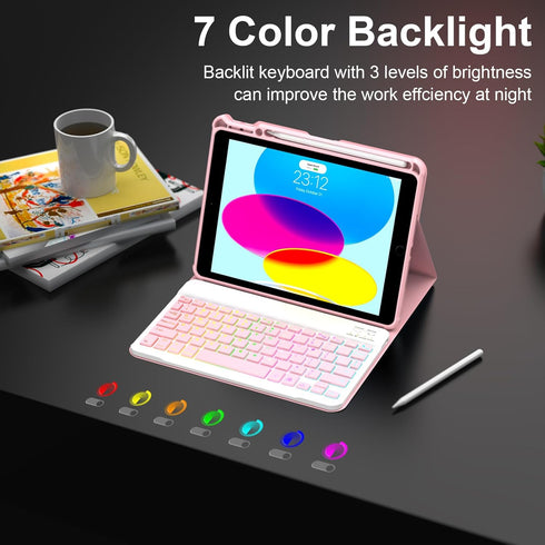 iPad 9th Generation Case with Keyboard, 7 Color Backlit Removable Bluetooth Wireless Keyboard, Pencil Holder (10.2)