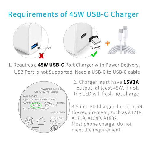 USB-C Charging Cable for Microsoft Surface Pro 7/6/5/4/3, Go3/2/1, Laptop 4/3/2/1, 20 cm, Requires 45W 15V/3A Charger.