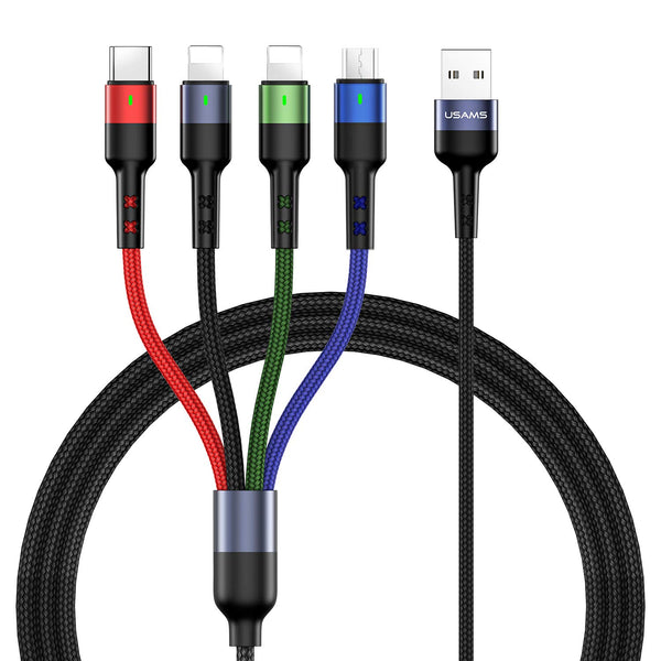 USAMS 2Pack Multi Charging Cable 4FT 4 in 1 Nylon Braided USB Fast Charging for Type C, Micro, and more devices.