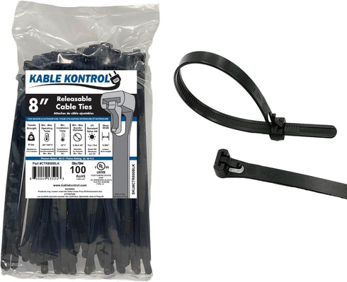 Kable Kontrol Reusable Cable Zip Ties, 8 Inch, 100 Pcs Black, Self-Locking, Adjustable Nylon Plastic Cord Wraps
