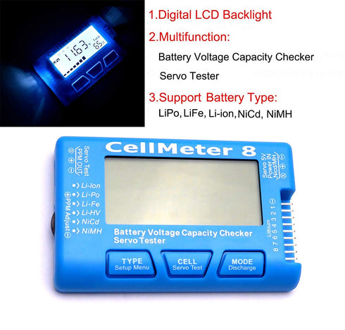 SoloGood RC CellMeter 8 Digital Battery Capacity Checker with LCD Backlight for LiPo Life Li-ion NiMH Nicd