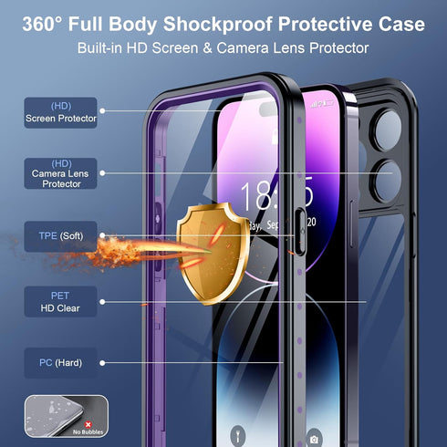 SPIDERCASE iPhone 14 Pro Case - Waterproof with Built-in Lens & Screen Protector, 12FT Military Shockproof, Purple