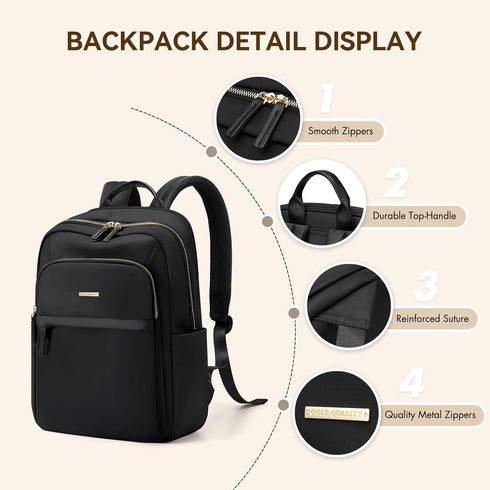 Laptop Backpack for Women, Casual Daypack Purse for Travel Work, Fits 16 Inch Notebook (Black)