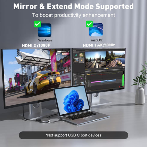 USB 3.0 to Dual HDMI Splitter for 2 Monitor Extended Display, 4K/1080P External Graphics Card for Windows and Mac
