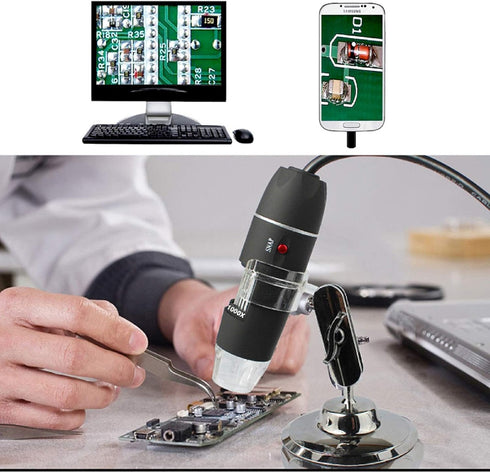USB Digital Microscope 40X to 1000X, 8 LED Magnification Endoscope Camera with Carrying Case & Metal Stand