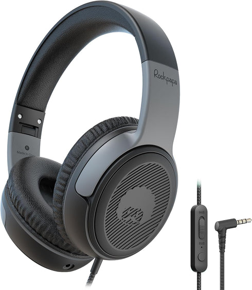 rockpapa Share 1 Kids Headphones Wired with Microphone & Share Port, 85dB/94dB Volume Limited, Black/Grey