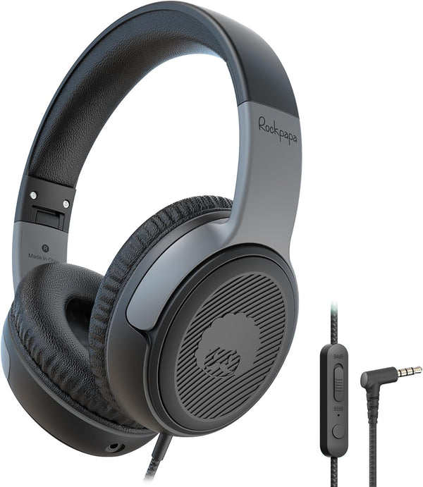 rockpapa Share 1 Kids Headphones Wired with Microphone & Share Port, 85dB/94dB Volume Limited, Black/Grey