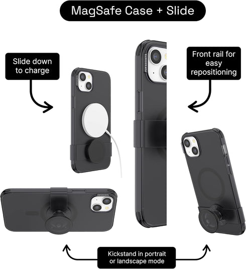 Black Translucent PopSockets iPhone 14 Plus Case with Phone Grip and Slide, MagSafe Compatible.