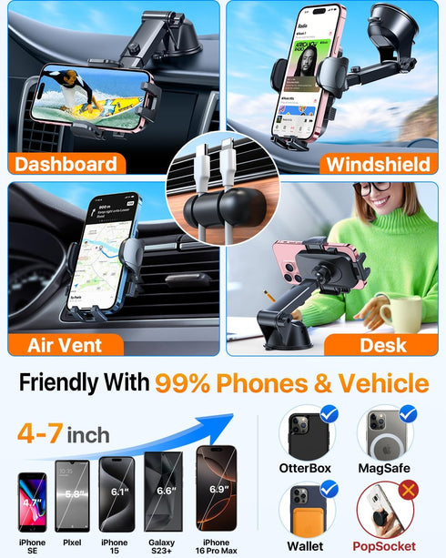 HTU 2024 Best Car Phone Holder Mount, Strongest Shockproof 5-in-1 Dashboard Stand for iPhone 16 15 Android