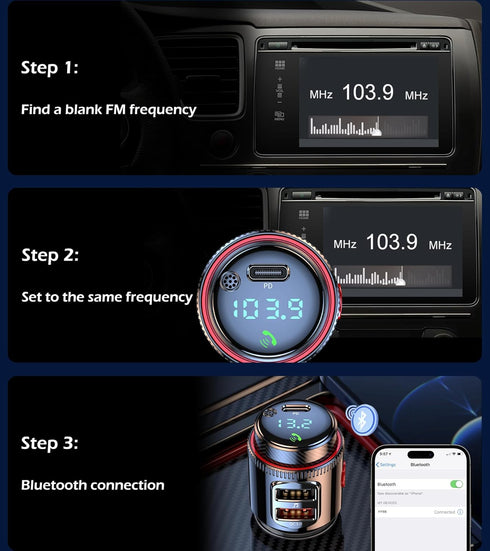 Wireless FM Transmitter Car Bluetooth Adapter, USB C & QC3.0 Dual Fast Charging, Cigarette Lighter Radio Music,