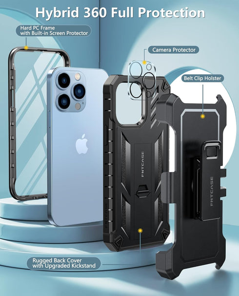 FNTCASE for iPhone 13 Pro-Max Case: Military Grade Shockproof Full Protective Rugged Cell Phone Cover with Kickstand & Belt-Clip Holster, Drop Proof Hard 13 Pro-Max Cases 5G - 6.7 Inch Black