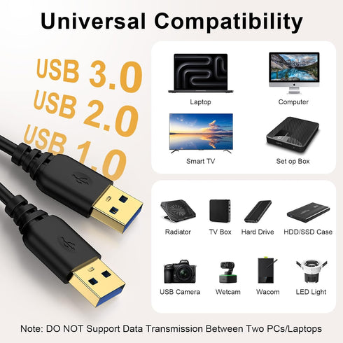 6FT, USB3.0 /3A USB to USB Cable Male to Male A to A USBA to USBA, USB-A to USB-A,Double Sided Data Transfer Charging