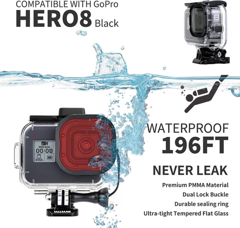 Waterproof Case with Dive Filters for GoPro Hero 8 Black, 196ft/60m Protective Underwater Diving Housing Accessories
