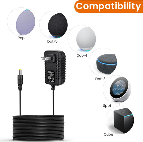 15W Power Adapter Replacement for Echo Pop, Dot 5th Gen, 4th Gen, 3rd Gen, Kids Edition, TV Cube Smart Speakers - Black