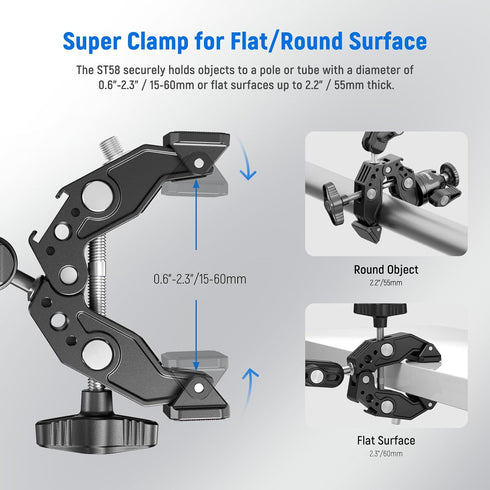 NEEWER Super Clamp with 3" Dual Ballhead Magic Arm, Phone Holder, Action Camera Clamp Mount for Flat/Round Surfaces