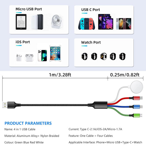 Travel 4 in 1 iWatch & iPhone Charger, Multi Charging Cable for Apple Watch and iPhone 15/14/13, 4FT