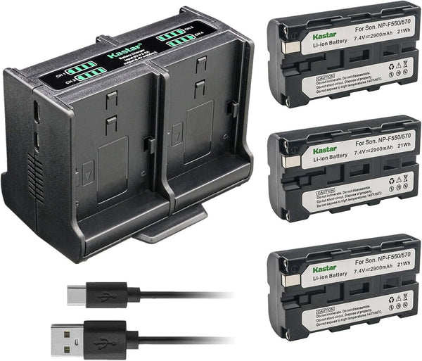Kastar 3-Pack Battery and Quadruple Charger for Sony PLM-50 PLM-A35 PLM-A55 Q002-HDR1 UPX-2000 NEX-EA50M NEX-FS100