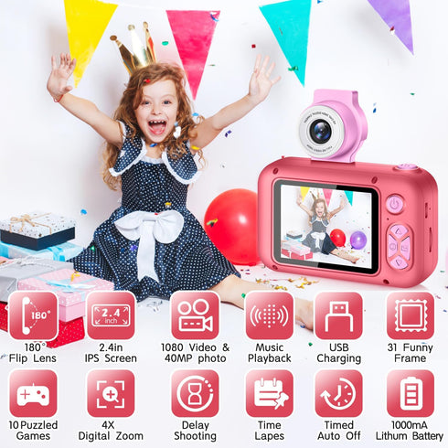 Kid Camera with 2.4in IPS Screen, 180° Flip Lens, Digital Selfie Camera with Playback Game for Ages 4-11