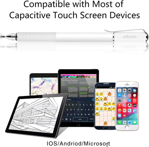 Mixoo Stylus Pens for Touch Screens - 2 in 1 High Sensitivity Disc & Fiber Tip for iPad, iPhone, Tablets, White