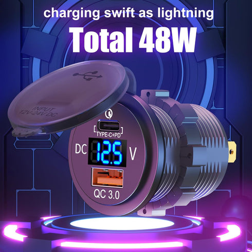 48W 12V USB Outlet USB C Car Socket, PD 30W and QC 18W Car USB Ports Waterproof Cigarette Lighter Replacement Car Charger Power Outlet with LED Digital Voltmeter for Boat Marine Truck Golf RV, etc.