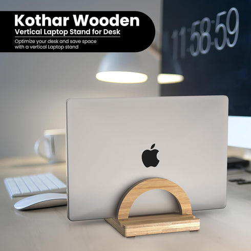 Premium Wood Vertical Laptop Stand - Adjustable Bamboo Holder for MacBook, Dell, HP, Space-Saving Desktop Organizer