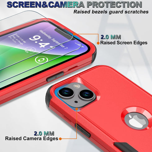iPhone 13 & 14 Case, 10 Ft Military Shockproof, Non-Slip, with 2 Tempered Glass Protectors, 6.1" (Red/Black)