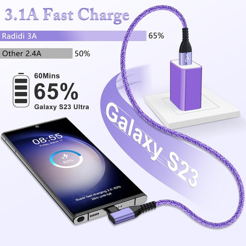 USB Type C Cable 6FT 3Pack Fast Charging Right Angle Cable for iPhone 15 Pro, Samsung Galaxy A55 A35 A33 A32 5G