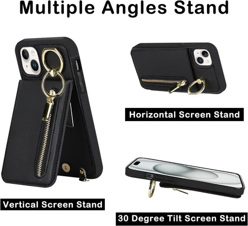 uCOLOR iPhone 13/14/15 Wallet Case for Women, Black Crossbody Zipper Leather Case with Card Holders and RFID Protection