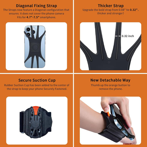 Wristband Phone Holder - 2024 Upgraded Version - 360° Rotation & Detachable for iPhone 15/14/13/12/Pro/Pro Max, Fits