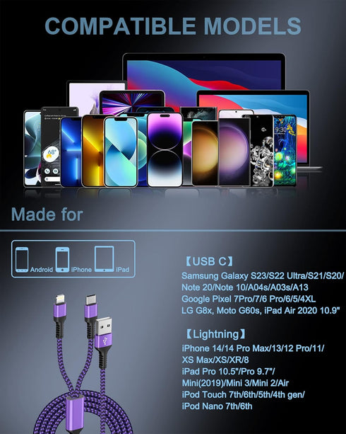 Multi Charger Cable with Lightning & USB C Port, 2 in 1 Nylon Braided Fast Charging Cord for Apple/Android
