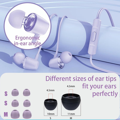 Earbuds Set with Case for Kids, Wired Headphones with Small Size Ear Tips, Aesthetic Earphones for Phone and PC (Purple)
