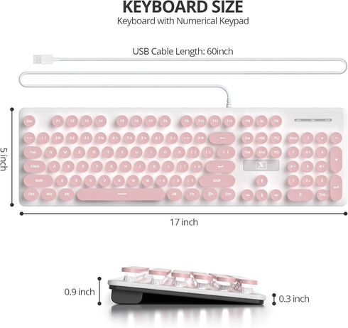 iRoboosta 104 Quiet Keyboard Wired Membrane Keyboard Pink, Full Size Keys Typewriter Key Board with Number Pad, White