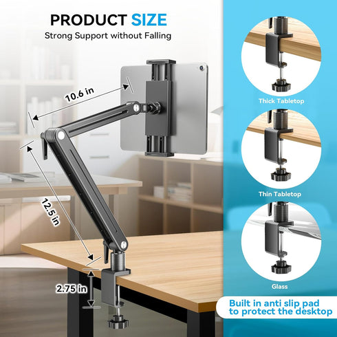 Jakeko 360 Adjustable Tablet Mount for Desk - Degree Rotating Base Tall Arm Holder Stand Swivel Flexible Clamp Soporte