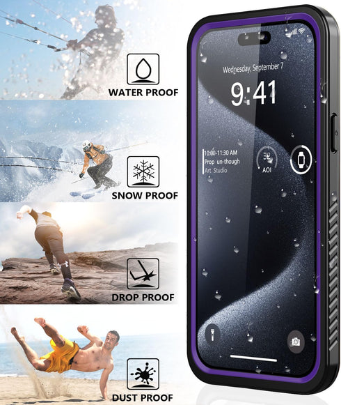 iPhone 15 Pro Max Case Waterproof, Built-in Screen Protection, IP68 Underwater, Military Dropproof, Purple