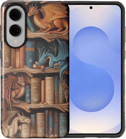 CARLOCA Case for Samsung Galaxy S25 Edge,Bookish Dragon Bookshelf Design- Hybrid Dual Protection