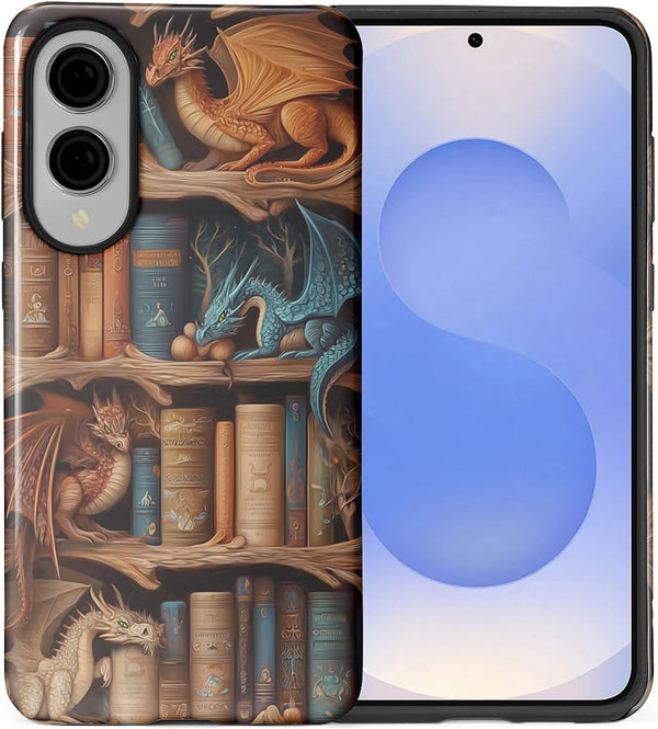 CARLOCA Case for Samsung Galaxy S25 Edge,Bookish Dragon Bookshelf Design- Hybrid Dual Protection