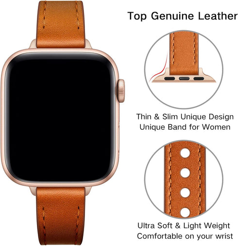 OUHENG Slim Bands for Apple Watch 42mm 41mm 40mm 38mm, Women Genuine Leather Replacement Thin Strap (Brown/Rose Gold)