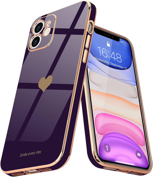 Teageo iPhone 11 Case for Women, Cute Love-Heart Luxury Bling Plating Soft Back Cover with Full Camera Protection -