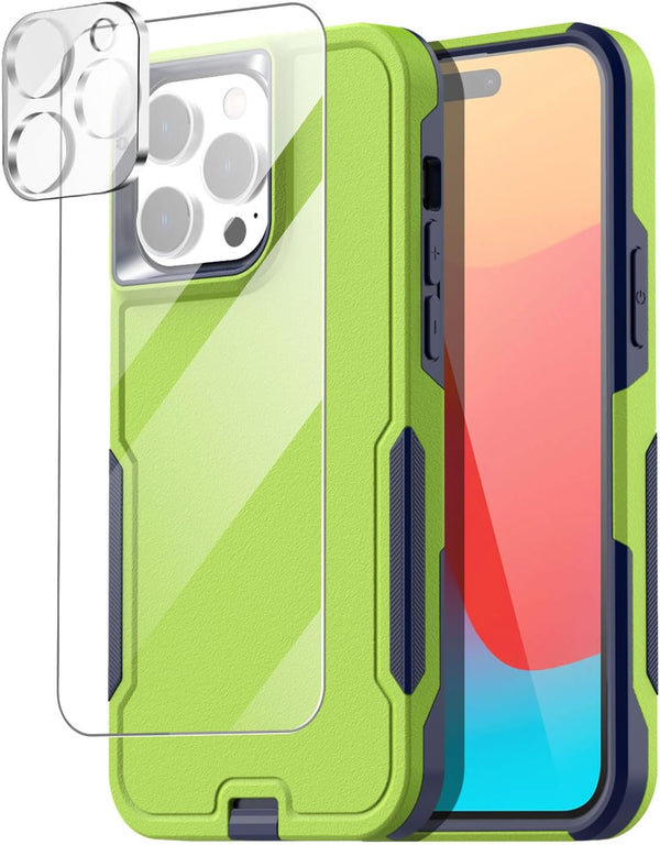 AICase Heavy Duty Rugged Case for iPhone 15 Pro Max 6.7" with Glass Screen Protector & Camera Lens, Shockproof