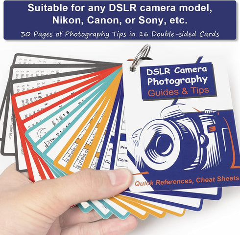 DSLR Cheat Sheet for Canon, Nikon, Sony, Camera Accessories Quick Reference Cards Photography Guides & Tips: Settings, Exposure, Modes, Composition, Lighting etc 4×3 inch
