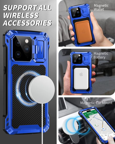 Lanhiem for iPhone 14 Pro Max Metal Case, Built-in Camera Kickstand & Tempered Glass Screen Protector, Blue