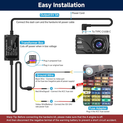 Biuone Kit,11.5ft 3-Lead 12V-24V 5V Upgraded Dash Cam Hardwire Acc Hardwire Kit for Dash Camera Type C Hard Wire Kit