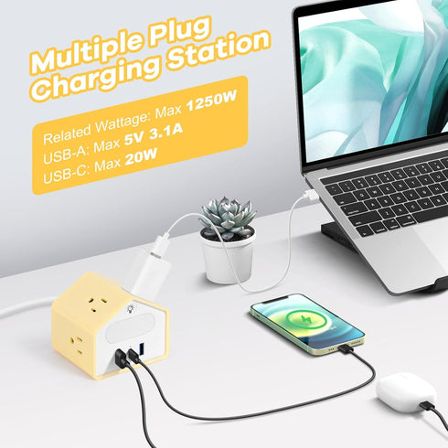 GLCON 20W 4 3 Handy Power Strip with Night Light - Yolk-Yellow Power Strip Surge Protector - USB C Charging Station